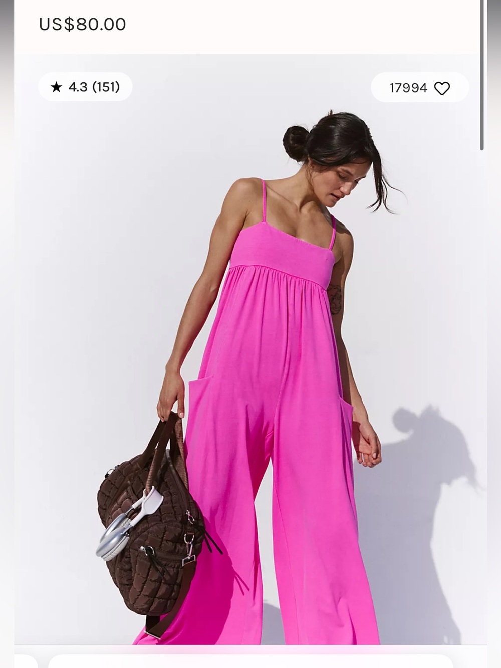 Free People Hot Shot Bright Pink Wide-Leg Jumpsuit with Pockets